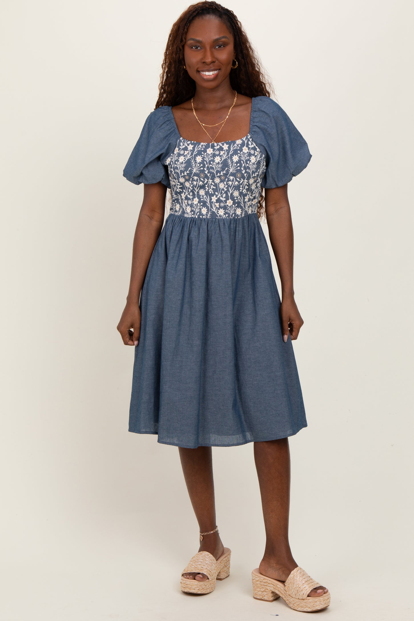 Blue Chambray Floral Embroidered Short Sleeve Midi Dress