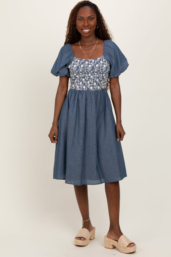 Blue Chambray Floral Embroidered Short Sleeve Maternity Midi Dress