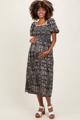 Black Patch Printed Smocked Maternity Midi Dress