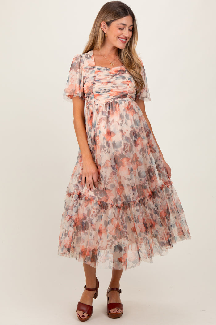 Peach Floral Mesh Sweetheart Neck Maternity Midi Dress