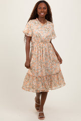 Light Olive Floral Ruffle Mock Neck Midi Dress