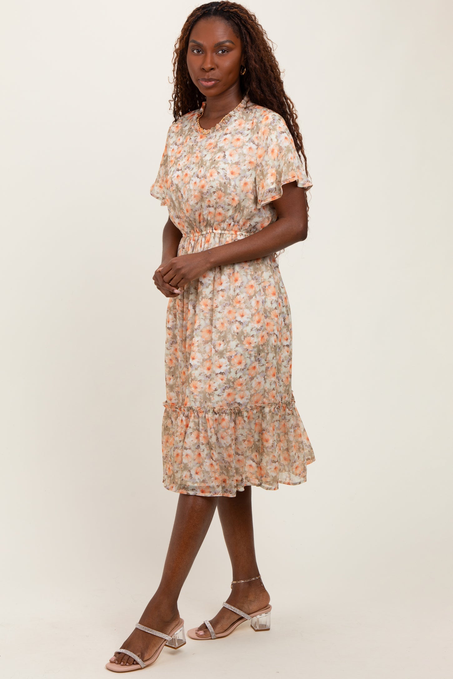 Light Olive Floral Ruffle Mock Neck Midi Dress