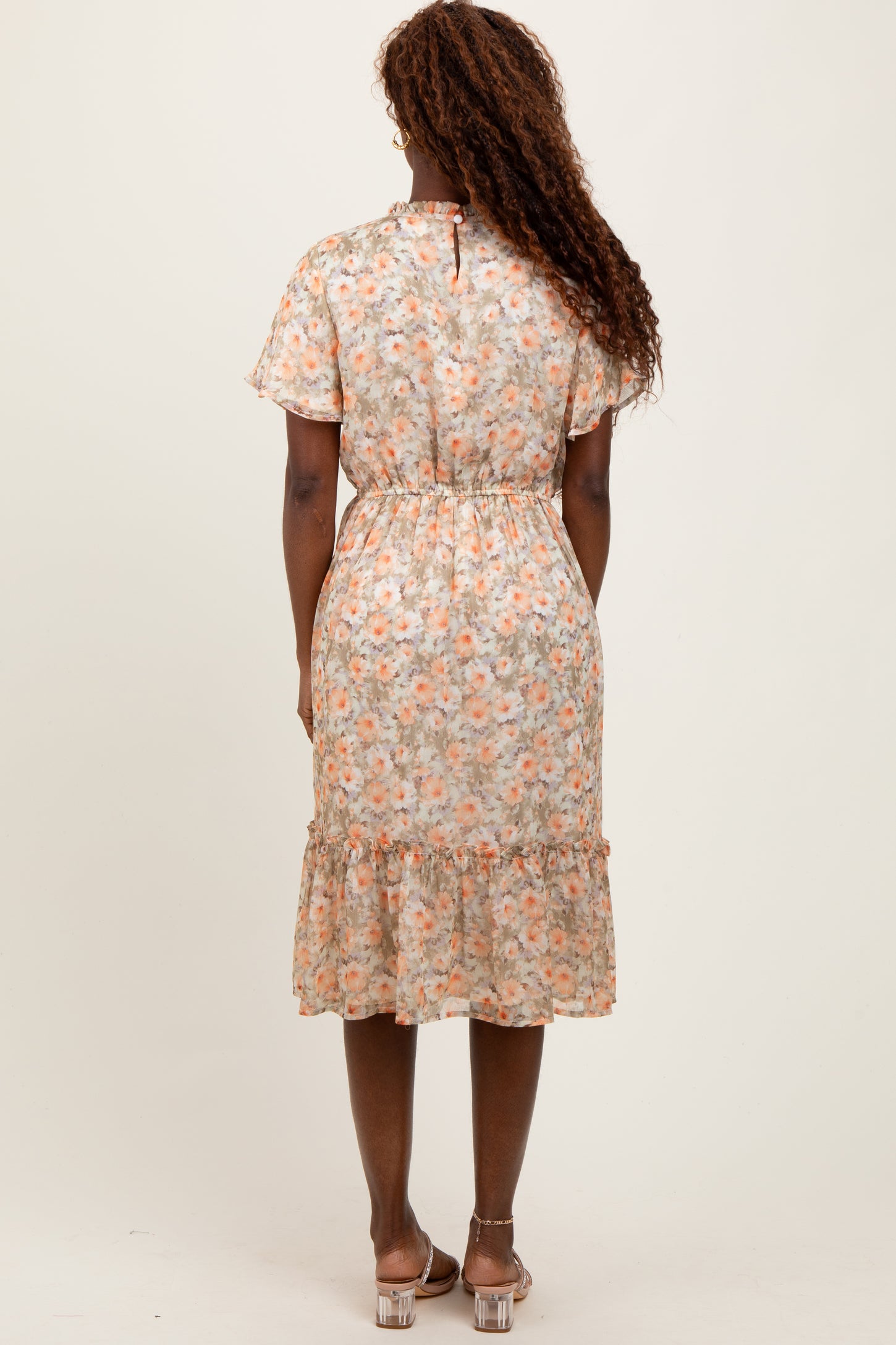 Light Olive Floral Ruffle Mock Neck Midi Dress