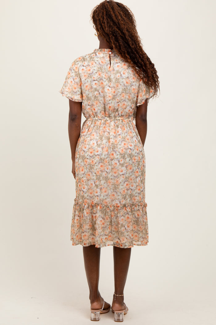 Light Olive Floral Ruffle Mock Neck Midi Dress