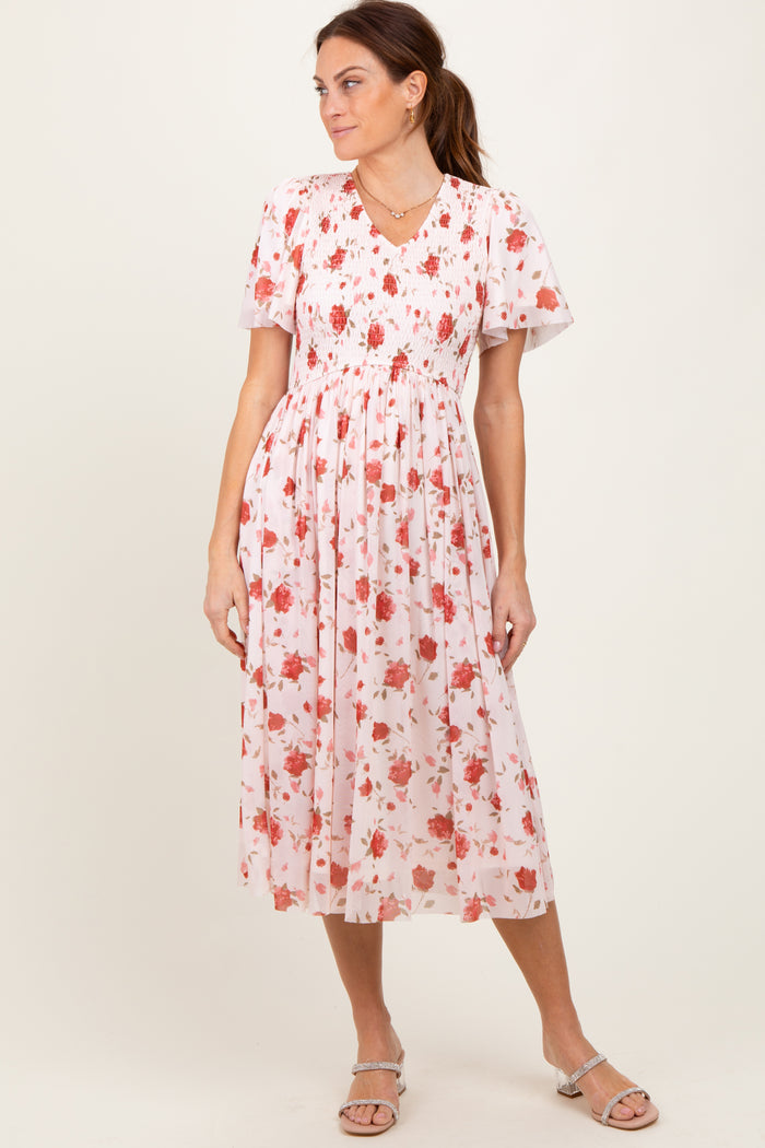 Light Pink Floral Smocked V-Neck Maternity Midi Dress