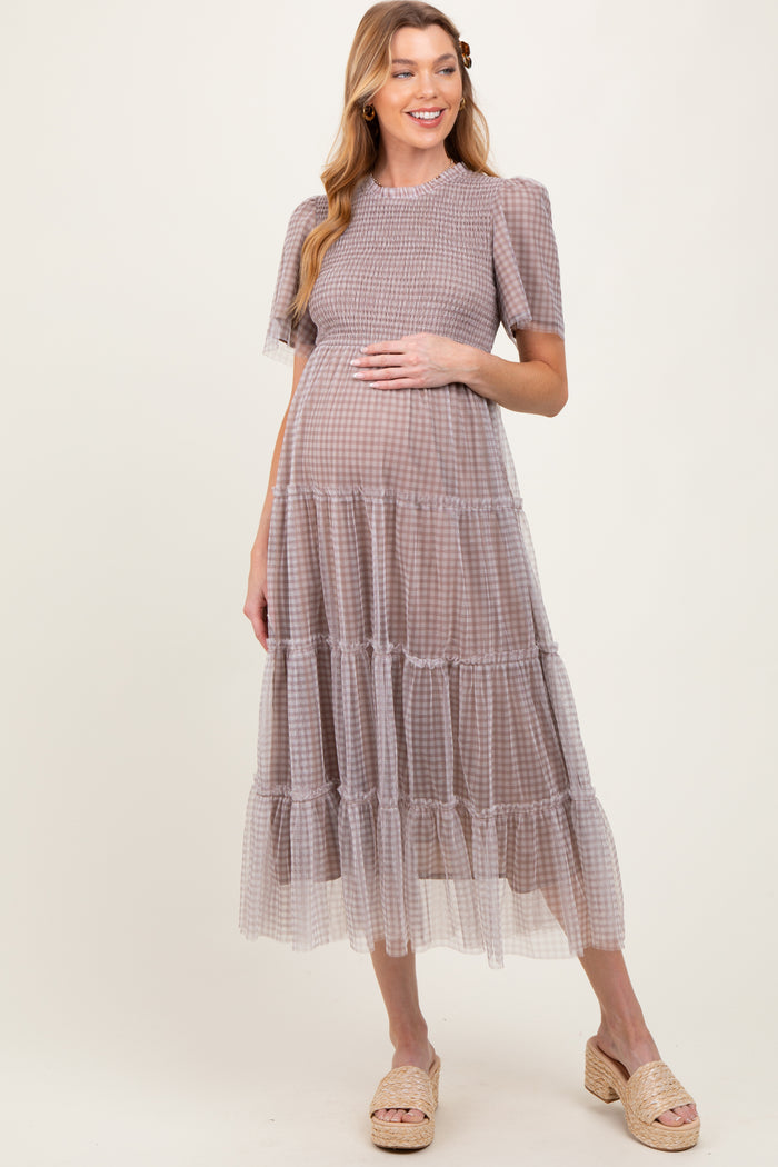 Grey Gingham Mesh Tiered Maternity Midi Dress