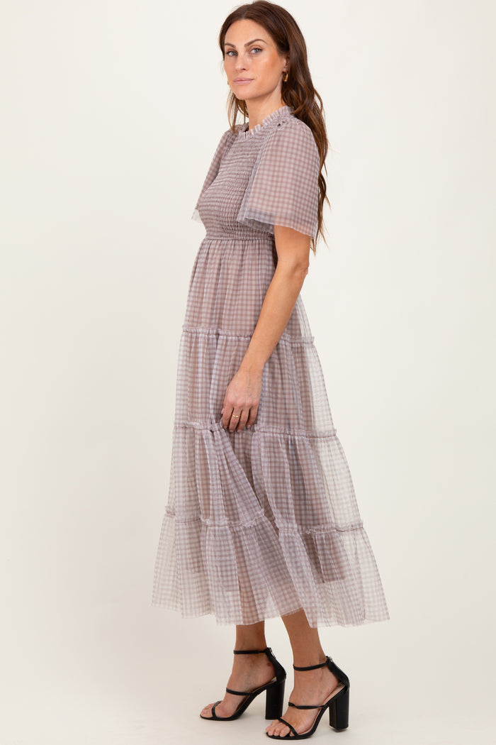 Grey Gingham Mesh Tiered Midi Dress