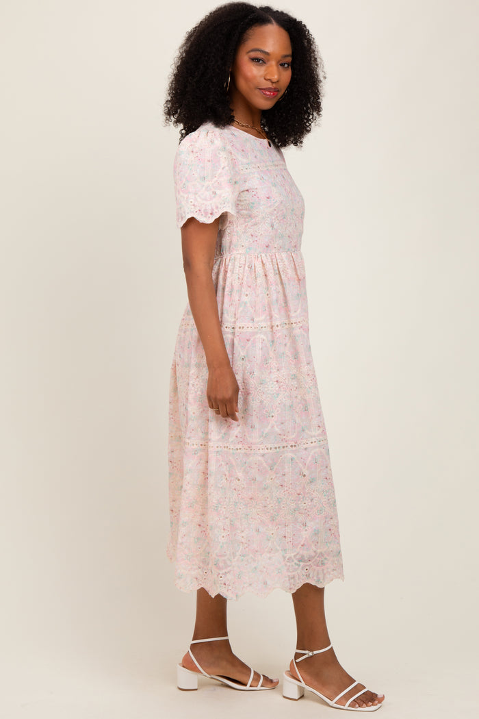 Light Pink Embroidered Chiffon Midi Dress