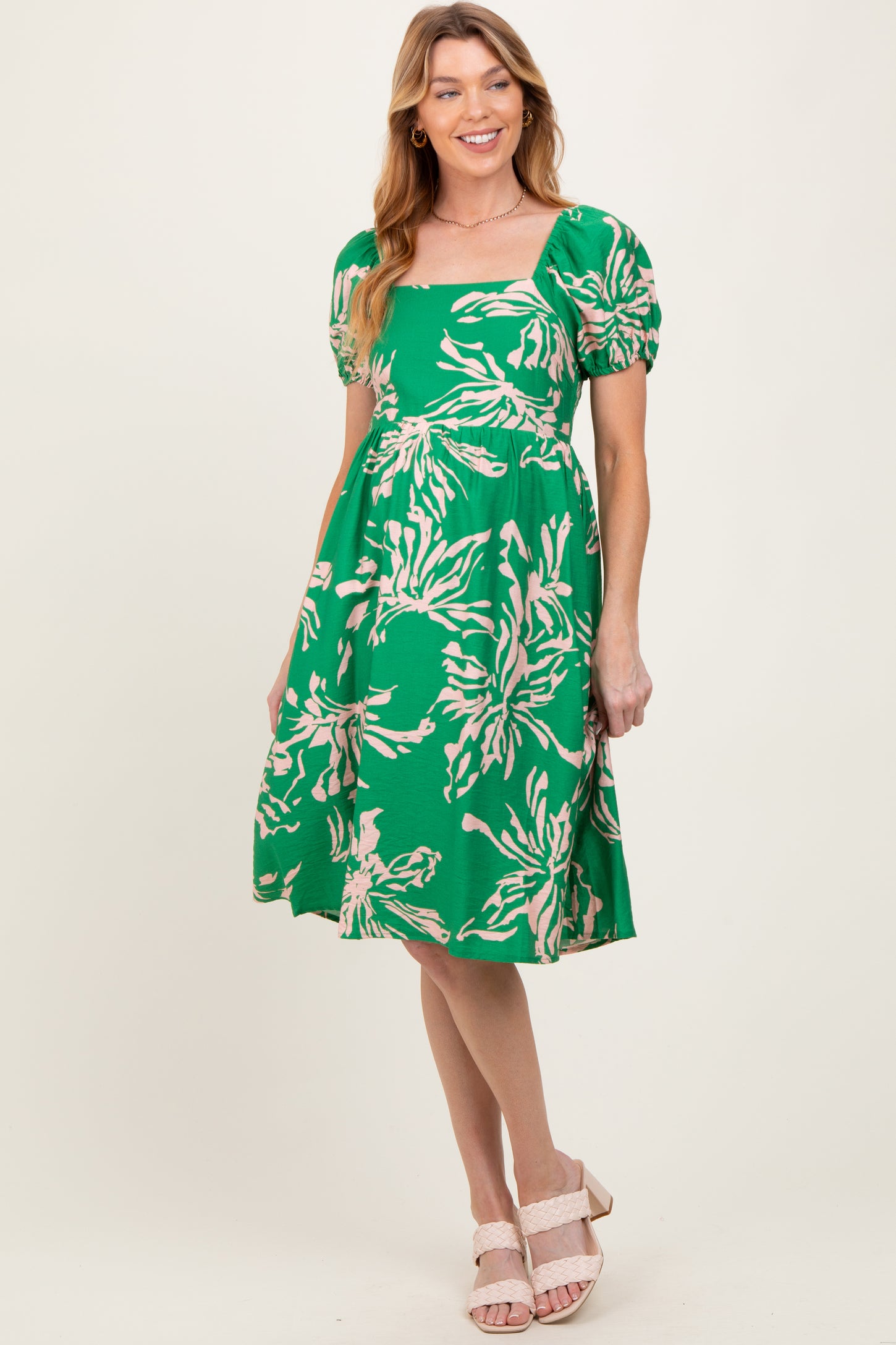 Green Floral Square Neck Short Sleeve Maternity Dress