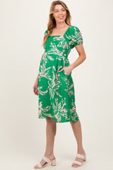 Green Floral Square Neck Short Sleeve Maternity Dress