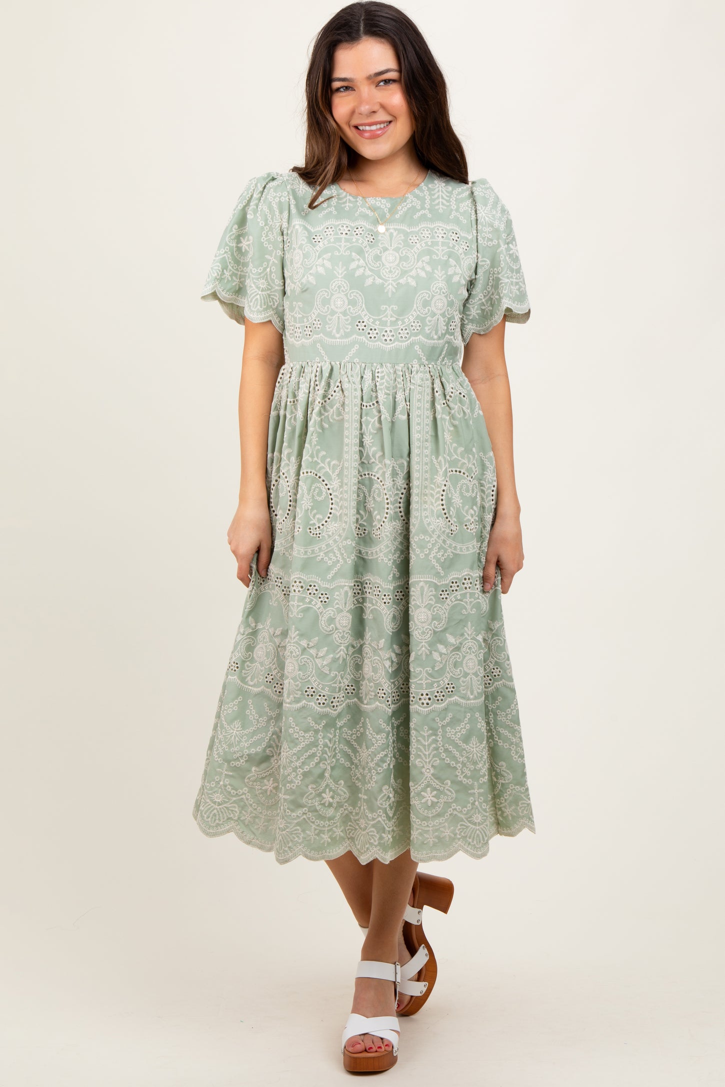 Light Olive Floral Embroidered Tied Waist Midi Dress
