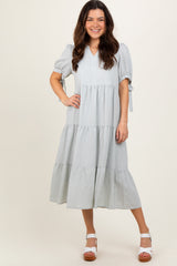 Light Blue Split V-Neck Sleeve Tie Tiered Maternity Midi Dress