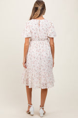 Ivory Floral Lace Ruffle Maternity Midi Dress