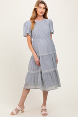 Light Blue Embroidered Tiered Maternity Midi Dress