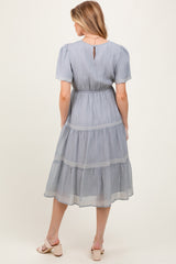 Light Blue Embroidered Tiered Maternity Midi Dress