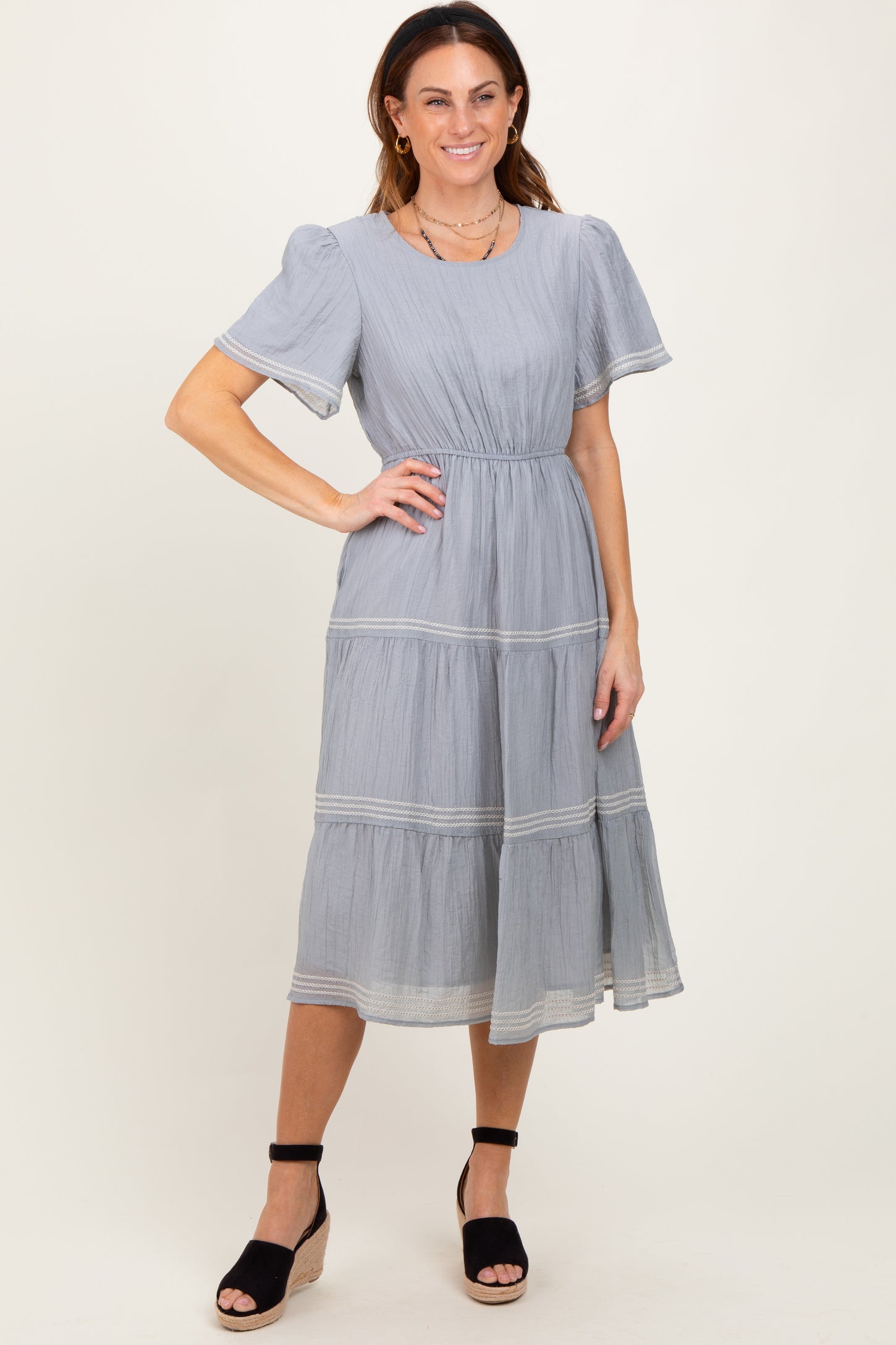 Light Blue Embroidered Tiered Maternity Midi Dress