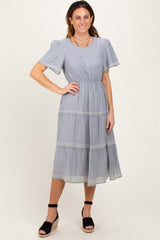 Light Blue Embroidered Tiered Maternity Midi Dress