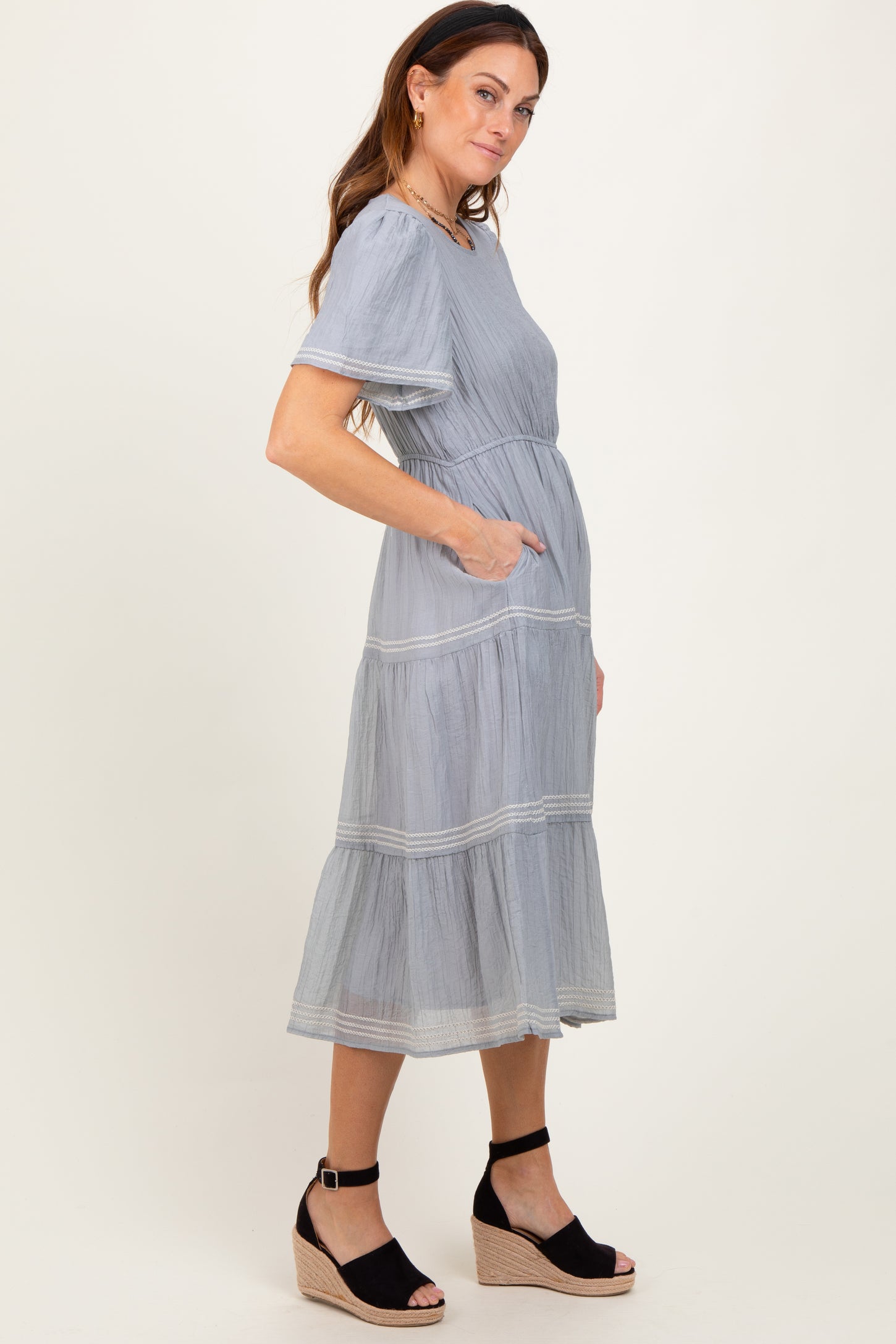 Light Blue Embroidered Tiered Midi Dress