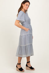 Light Blue Embroidered Tiered Midi Dress