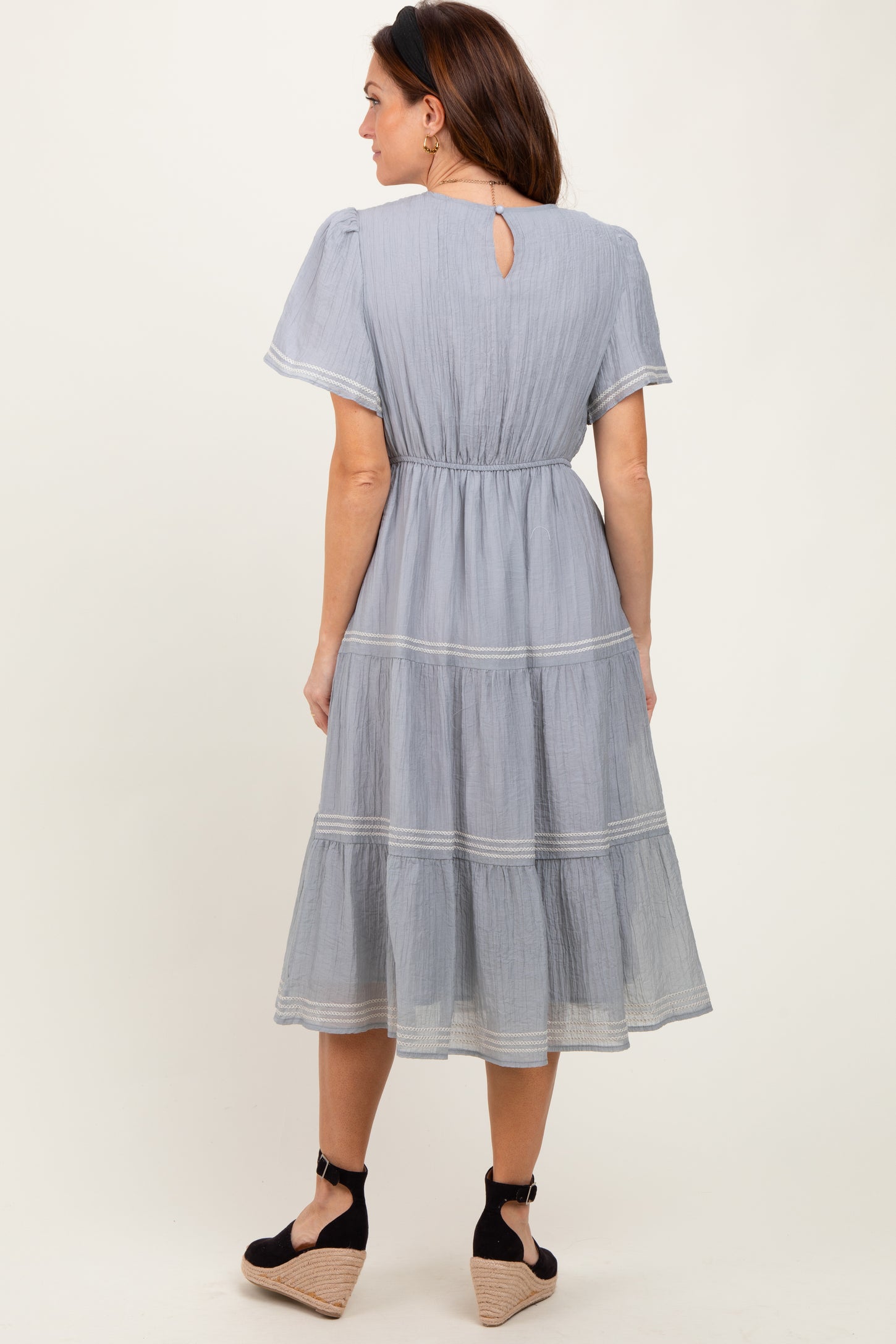 Light Blue Embroidered Tiered Midi Dress