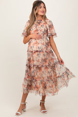Peach Floral Mesh Smocked Maternity Midi Dress