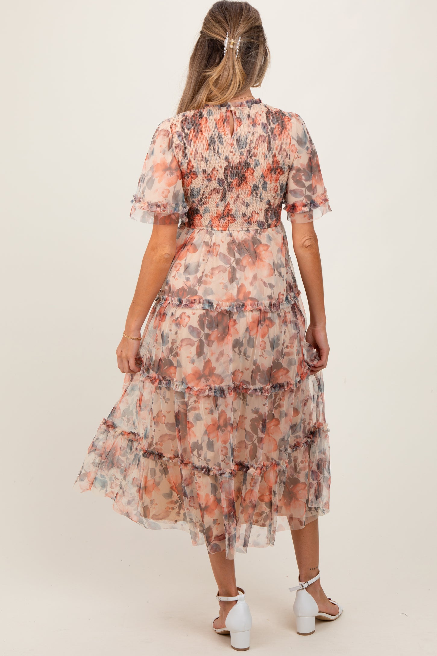 Peach Floral Mesh Smocked Maternity Midi Dress