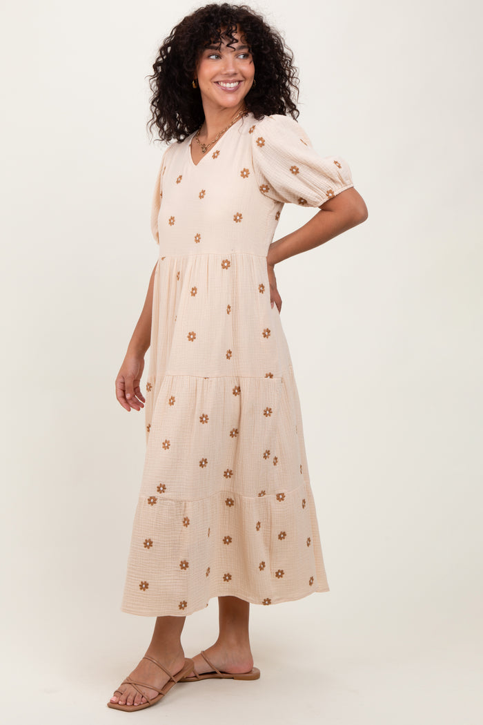 Cream Floral Embroidered Tiered Midi Dress