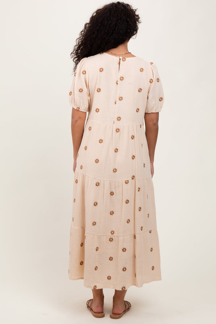 Cream Floral Embroidered Tiered Midi Dress