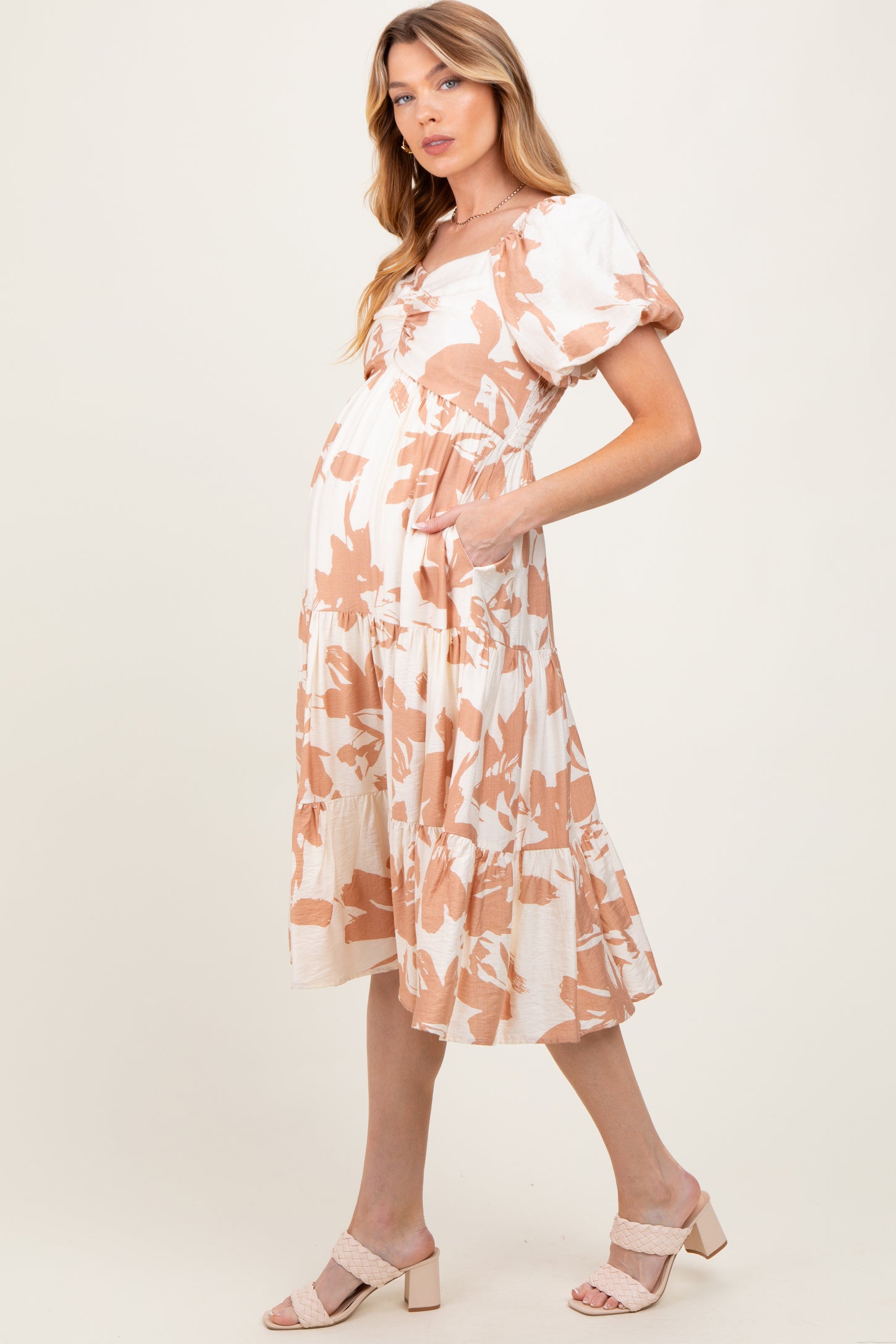 Ivory Floral Puff Sleeve Tiered Maternity Midi Dress