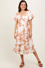 Ivory Floral Puff Sleeve Tiered Maternity Midi Dress
