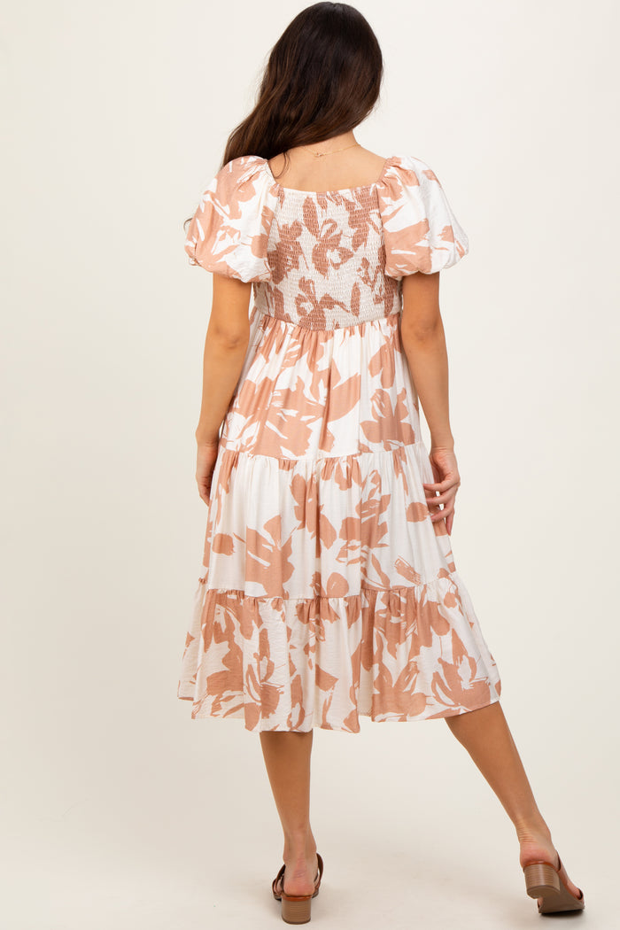 Ivory Floral Puff Sleeve Tiered Midi Dress