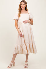 Cream Textured Square Neck Puff Sleeve Maternity Midi Dress