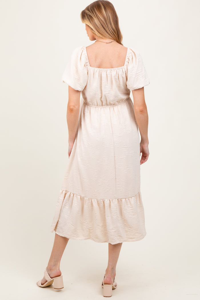 Cream Textured Square Neck Puff Sleeve Maternity Midi Dress