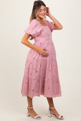 Pink Eyelet Square Neck Maternity Midi Dress
