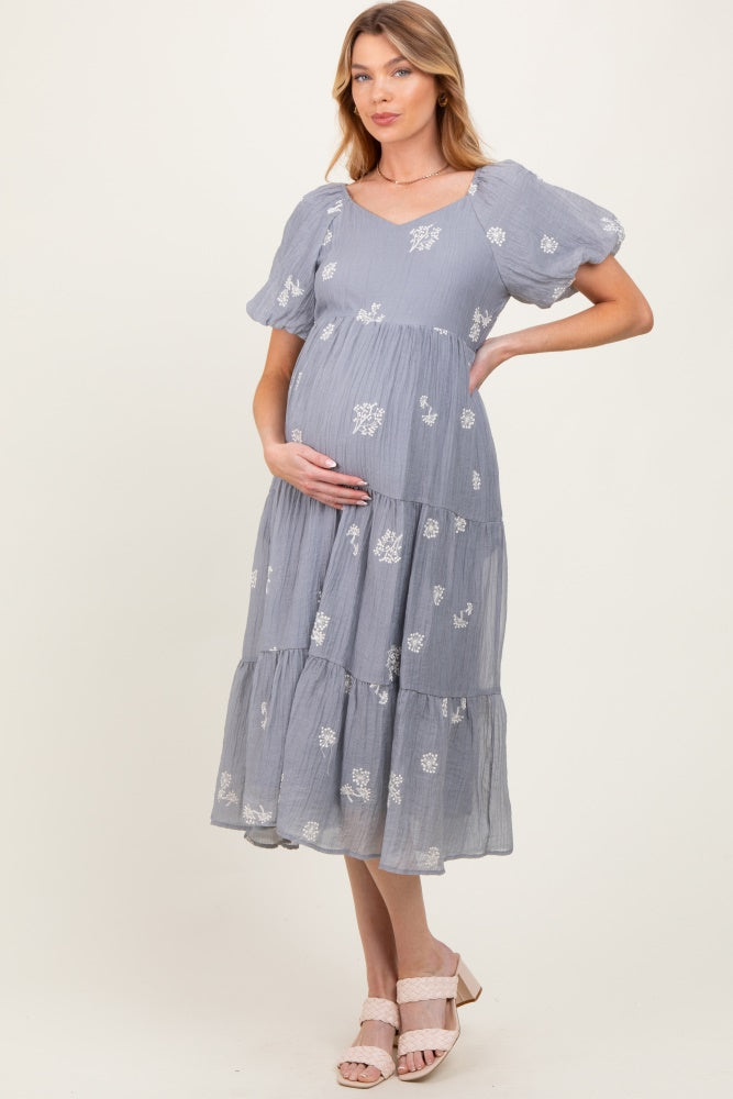 Light Blue Floral Embroidered Tiered Maternity Midi Dress
