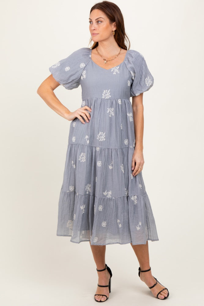 Light Blue Floral Embroidered Tiered Maternity Midi Dress