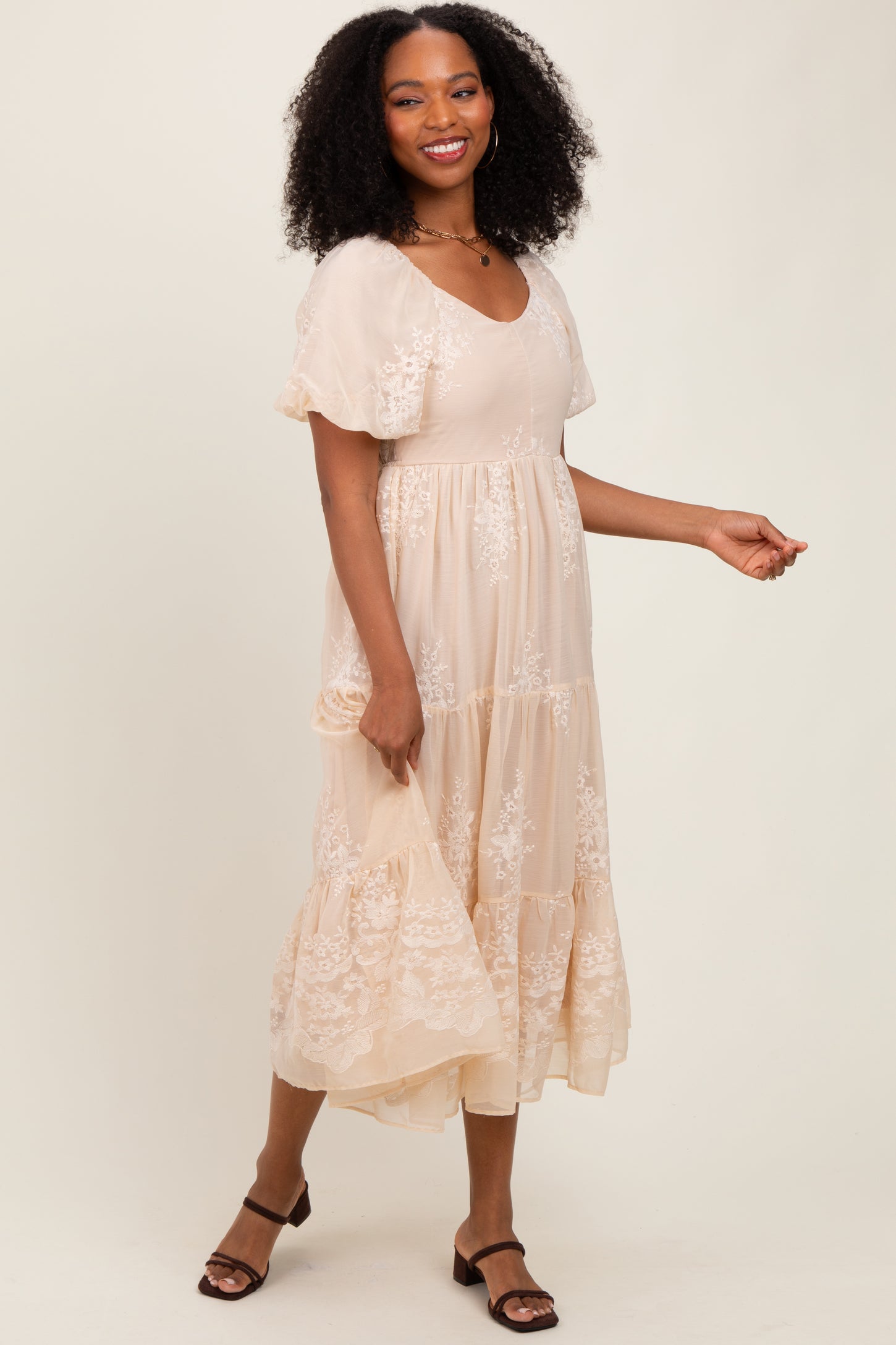 Beige Floral Embroidered Chiffon Midi Dress