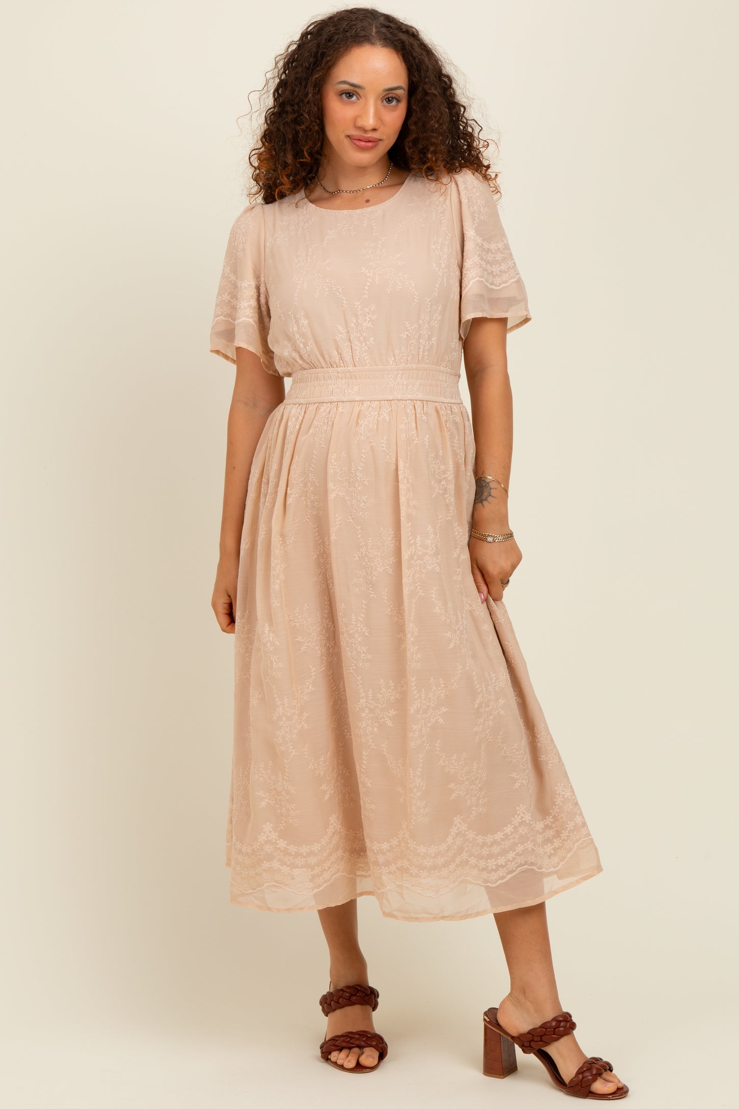 Beige Floral Embroidered Maternity Midi Dress