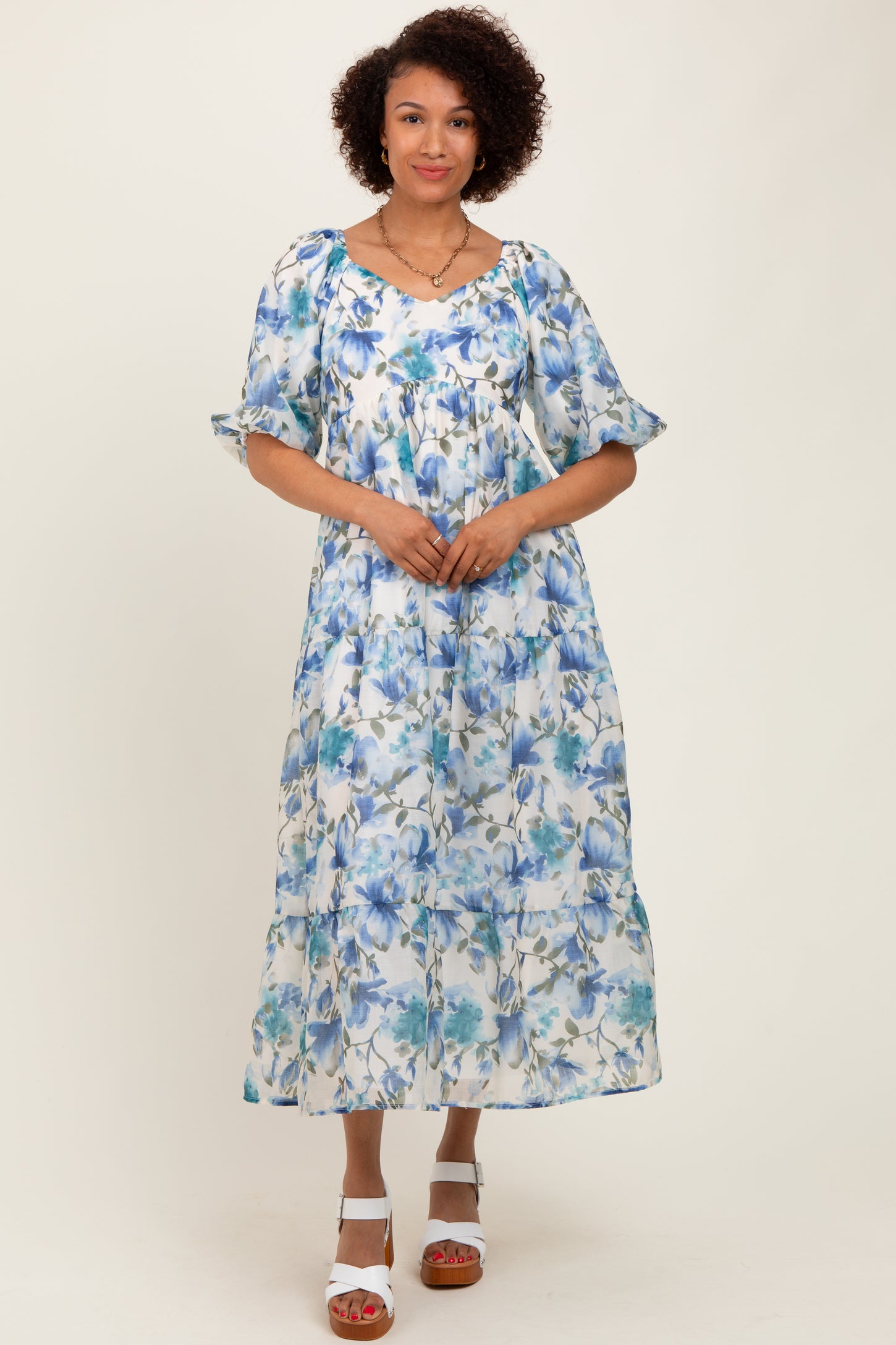 Blue Floral Tiered Puff Sleeve Midi Dress
