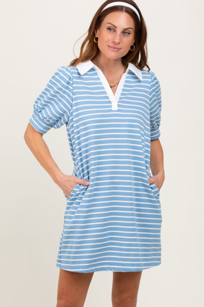 Light Blue Striped Collared Puff Sleeve Dress