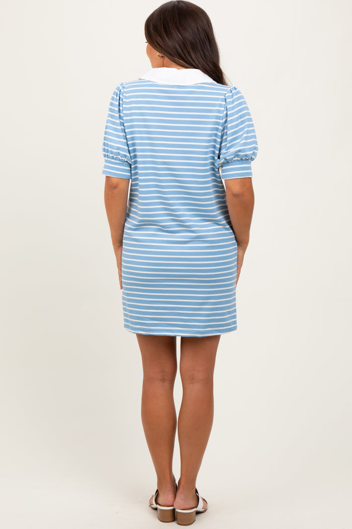 Light Blue Striped Collared Puff Sleeve Maternity Dress