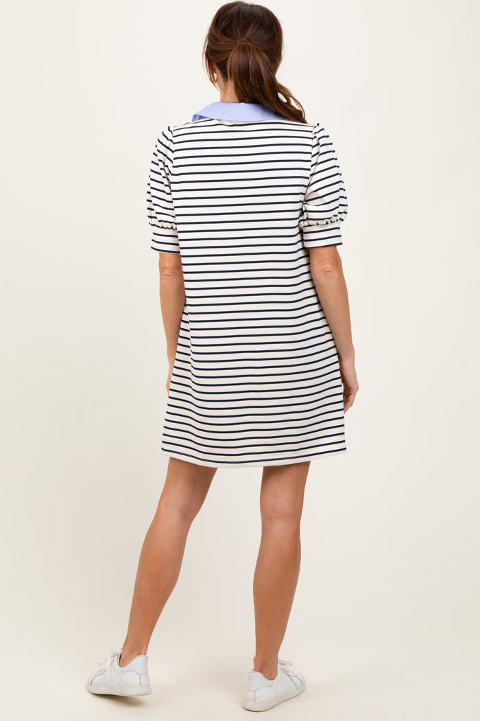 White Striped Collared Puff Sleeve Dress