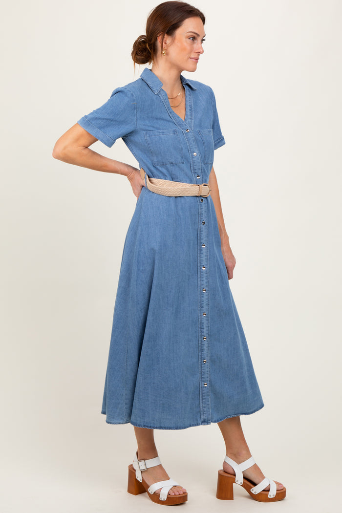 Blue Chambray Button Down Midi Shirt Dress