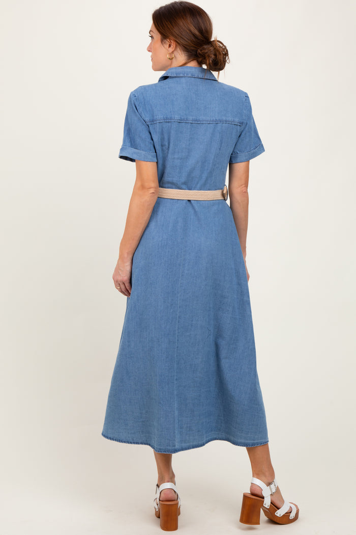 Blue Chambray Button Down Midi Shirt Dress