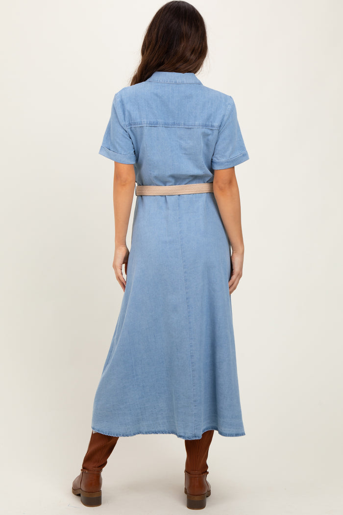 Light Blue Chambray Button Down Midi Shirt Dress