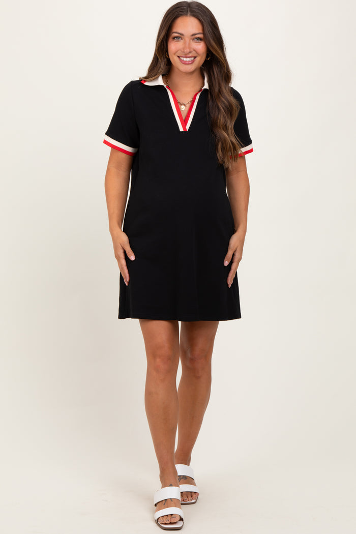 Black Contrast Trim Maternity Mini Polo Dress