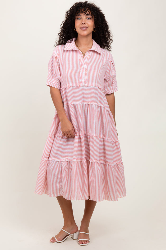 Pink Striped Tiered Raw Hem Midi Dress