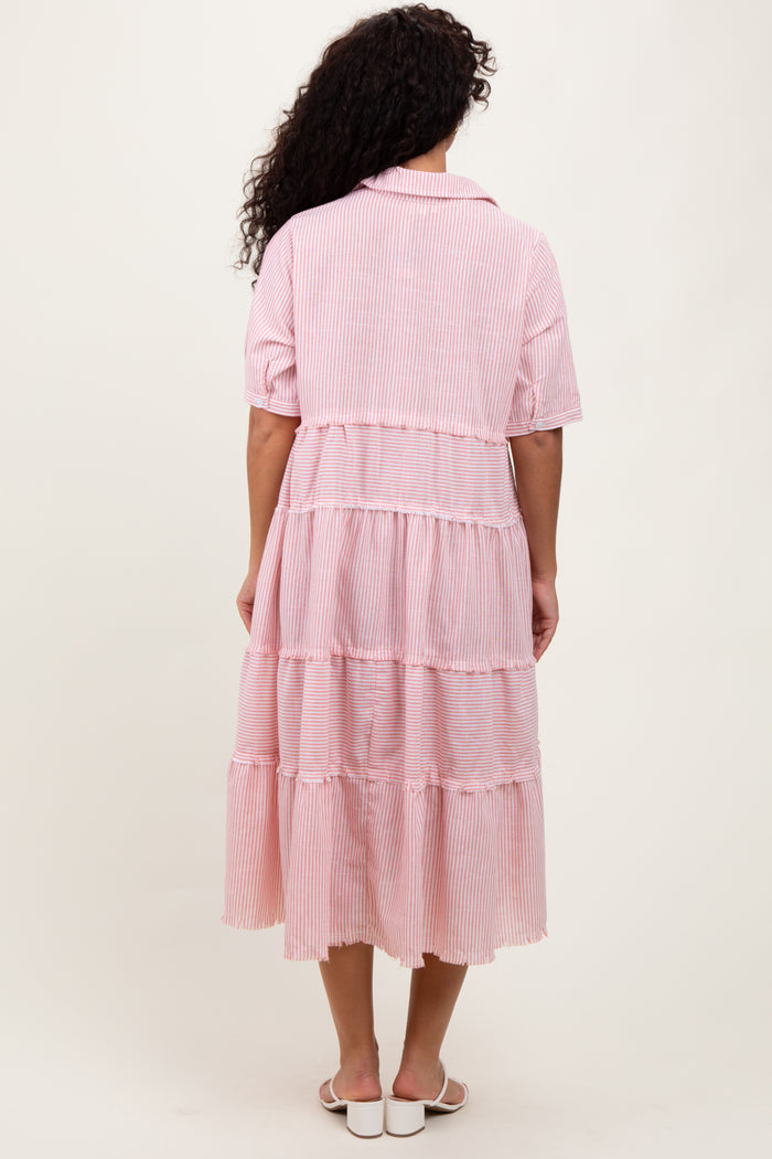 Pink Striped Tiered Raw Hem Midi Dress