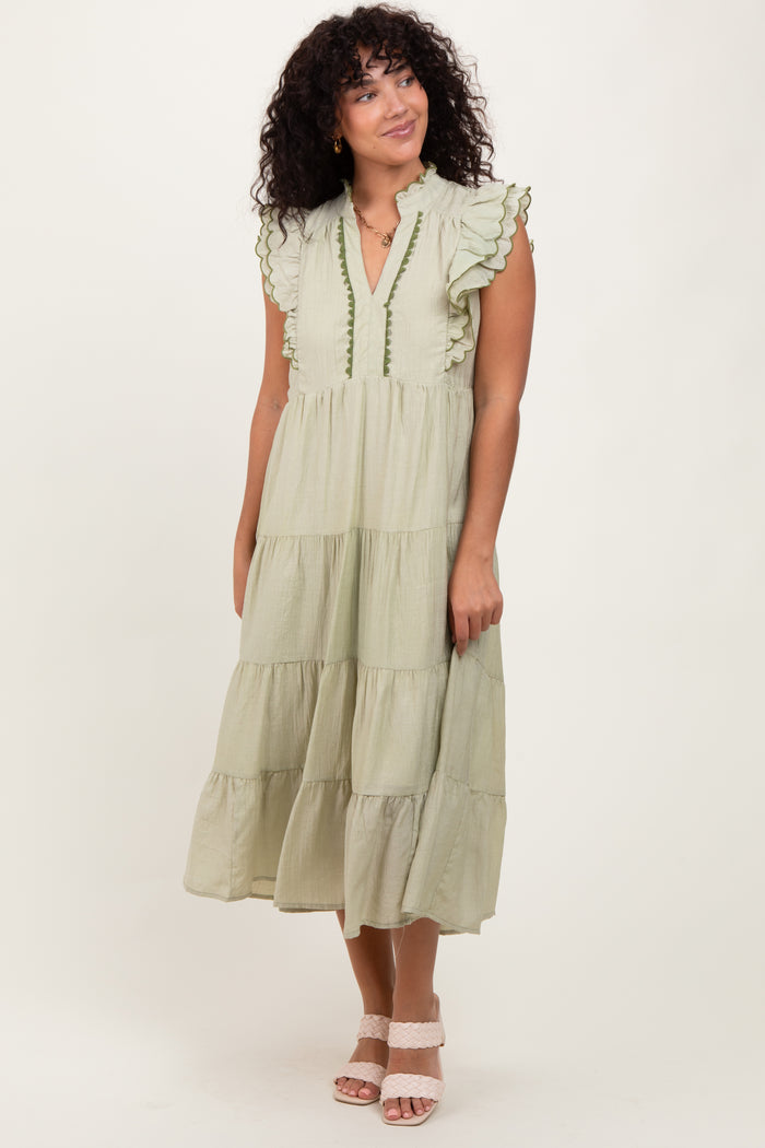 Light Olive Scallop Detail Tiered Midi Dress
