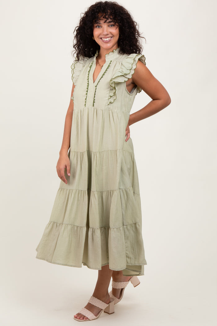 Light Olive Scallop Detail Tiered Midi Dress
